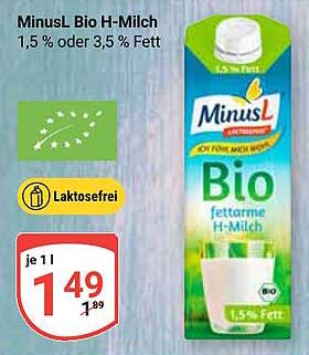 MinusL Bio H-Milch 1,5 % oder 3,5 % Fett