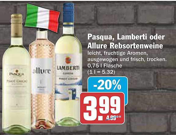 Pasqua, Lamberti oder Allure Rebsortenweine - 0,75 l Flasche
