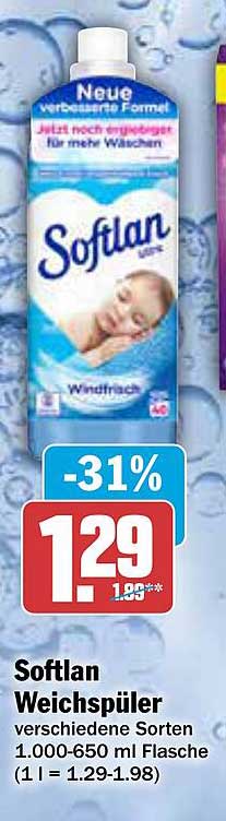 Softlan Weichspüler verschiedene Sorten 1.000-650 ml Flasche