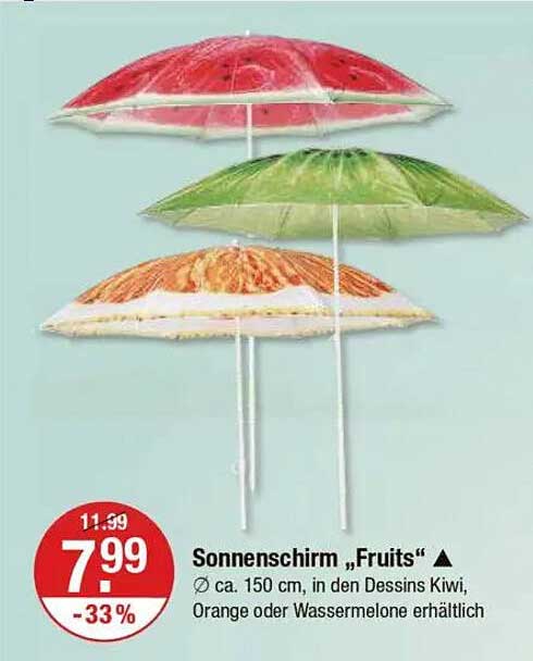 Sonnenschirm „Fruits“ – Ø ca. 150 cm in den Dessins Kiwi, Orange oder Wassermelone erhältlich