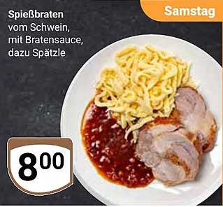 Spießbraten vom Schwein mit Bratensauce, dazu Spätzle