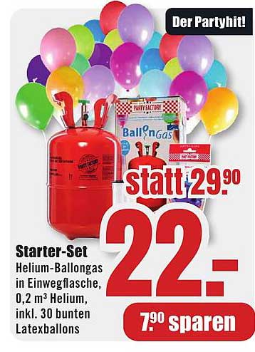Starter-Set Helium-Ballongas in Einwegflasche, 0,2 m³ Helium, inkl. 30 bunten Latexballons