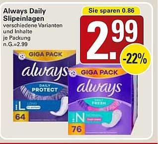 Always Daily Slipeinlagen verschiedene Varianten und Inhalte je Packung