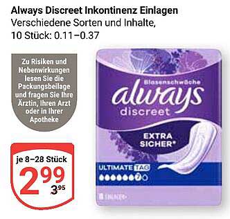Always Discreet Inkontinenz Einlagen, verschiedene Sorten und Inhalte, 10 Stück