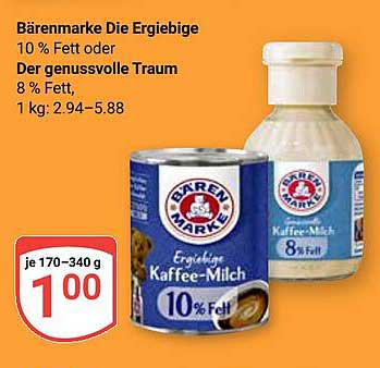Bärenmarke Die Ergiebige Kaffee-Milch 10 % Fett oder Der genussvolle Traum 8 % Fett, 1 kg: 2,94–5,88