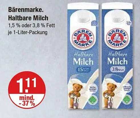 Bärenmarke. Haltbare Milch 1,5 % oder 3,8 % Fett je 1-Liter-Packung