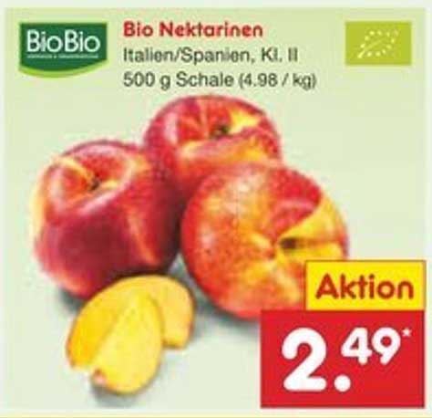 Bio Nektarinen Italien/Spanien, Kl. II – 500 g Schale (4,98 €/kg)