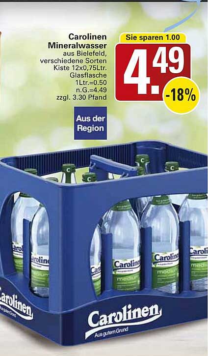 Carolinien Mineralwasser aus Bielefeld, verschiedene Sorten Kiste 12x0,75Ltr.