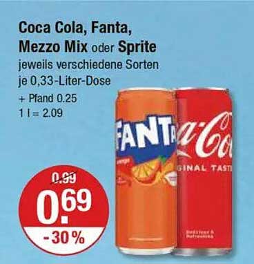 Coca Cola, Fanta, Mezzo Mix oder Sprite je 0,33-Liter-Dose