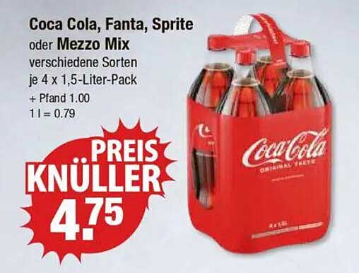 Coca Cola, Fanta, Sprite oder Mezzo Mix 4 x 1,5-Liter-Pack