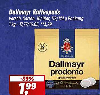 Dallmayr Kaffeepads, verschiedene Sorten, 16/18/112/124 g Packung