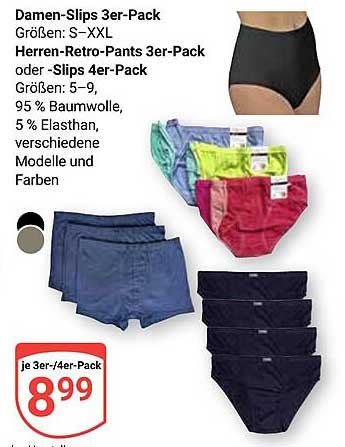 Damen-Slips 3er-Pack oder Herren-Retro-Pants 3er-Pack