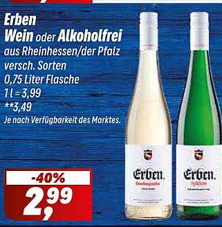 Erben Wein oder alkoholfrei aus Rheinhessen/Pfalz, 0,75 Liter Flasche