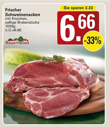 Frischer Schweinenacken mit Knochen, saftige Bratenstücke 1000g