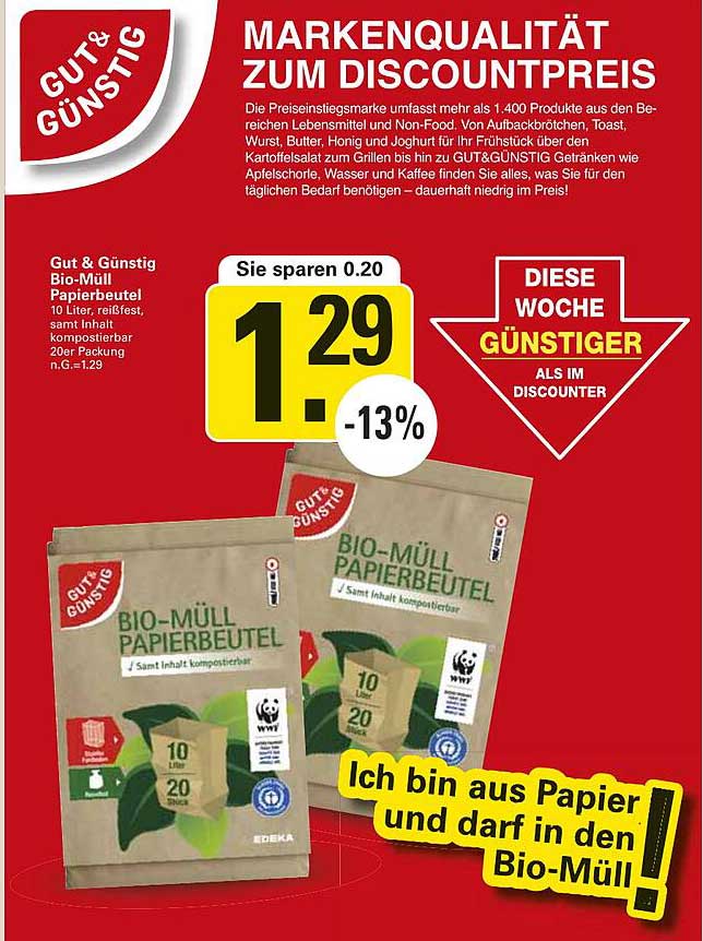 Gut & Günstig Bio-Müll Papierbeutel 10 Liter