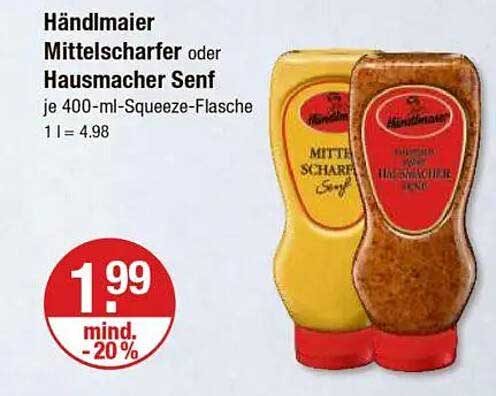 Händlmaier Mittelscharfer oder Hausmacher Senf je 400-ml-Squeeze-Flasche