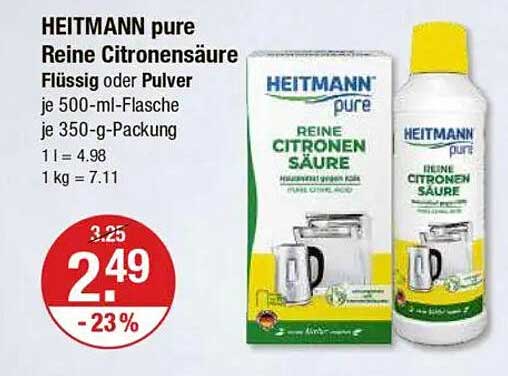 HEITMANN pure Reine Zitronensäure Flüssig oder Pulver je 500-ml-Flasche oder je 350-g-Packung