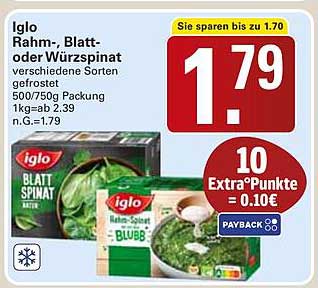Iglo Rahm-, Blatt- oder Würzspinat gefroren 500/750g