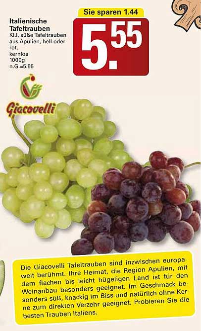 Italienische Tafeltrauben 1kg, süße Tafeltrauben aus Apulien, hell oder rot, kernlos