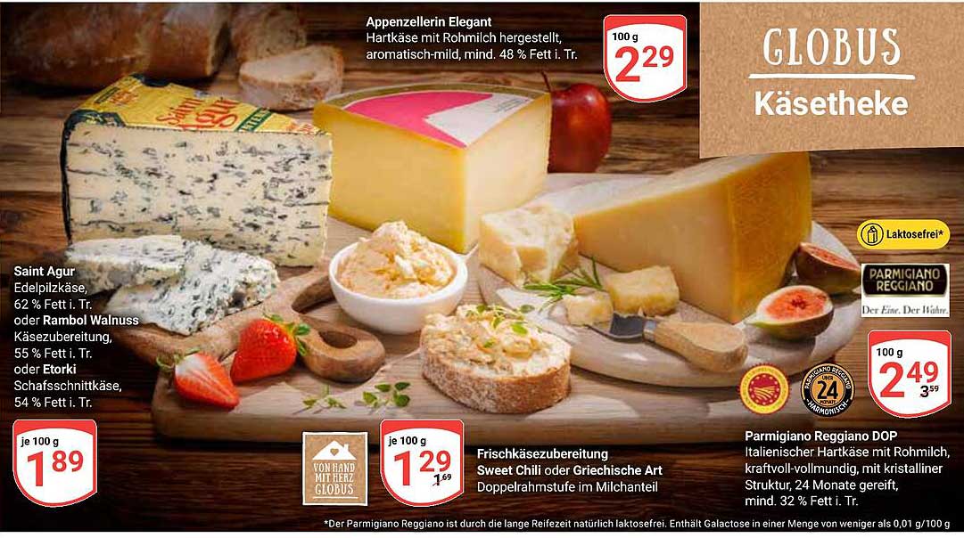Käsevielfalt von Globus: Saint Agur, Frischkäse und Parmigiano Reggiano