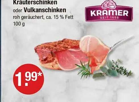 Kräuterschinken oder Vulkan-Schinken roh geräuchert, ca. 15 % Fett, 100 g