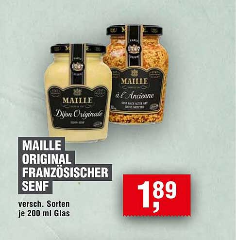 MAILLE ORIGINAL FRANZÖSISCHER SENF - verschiedene Sorten je 200 ml Glas