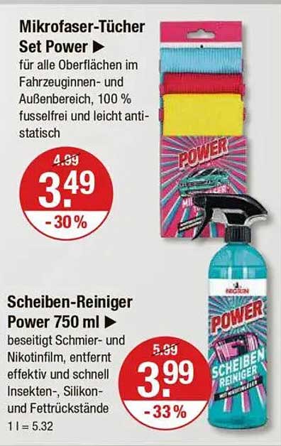 Mikrofaser-Tücher Set Power und Scheiben-Reiniger Power 750 ml