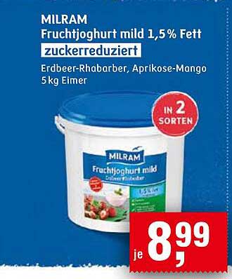 MILRAM Fruchtjoghurt mild 1,5% Fett zuckerreduziert – Erdbeere-Rhabarber, Aprikose-Mango 5 kg Eimer