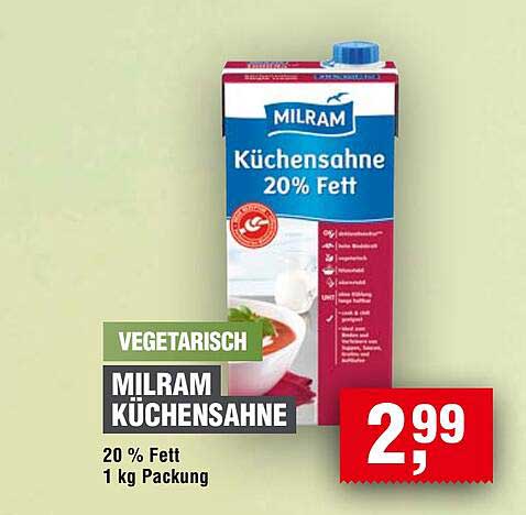 MILRAM Küchensahne 20 % Fett 1 kg Packung