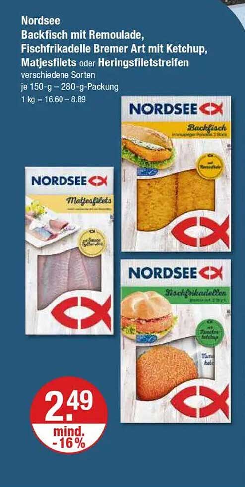Nordsee Backfisch mit Remoulade, Fischfrikadelle Bremer Art mit Ketchup, Matjesfilets oder Heringsfiletstreifen