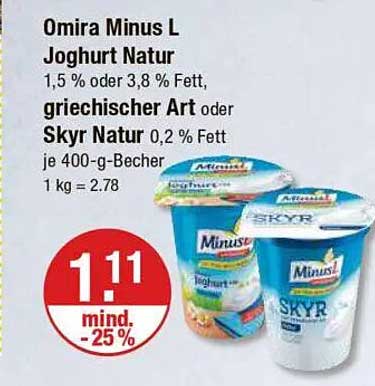 Omira Minus L Joghurt Natur 1,5 % oder 3,8 % Fett, griechischer Art oder Skyr Natur 0,2 % Fett 400-g-Becher