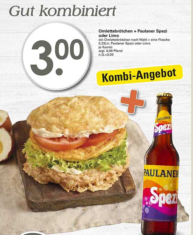 Omlettebrötchen + Paulaner Spezi oder Limo für nur 3,00 €