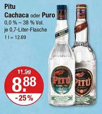 Pitu Cachaca oder Puro 0,0 % - 38 % Vol je 0,7-Liter-Flasche