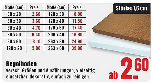 Regalböden in verschiedenen Größen und Ausführungen