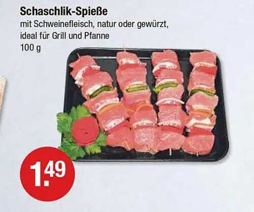 Schaschlik-Spieße mit Schweinefleisch, natur oder gewürzt, ideal für Grill und Pfanne