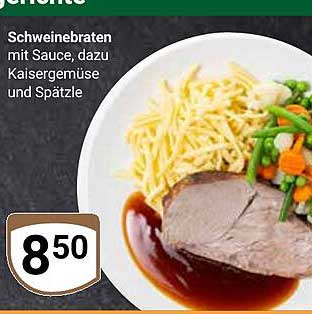 Schweinebraten mit Sauce, dazu Kaisergemüse und Spätzle