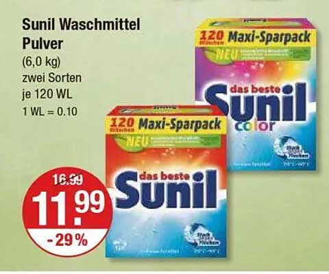 Sunil Waschmittel Pulver (6,0 kg) - zwei Sorten, je 120 WL