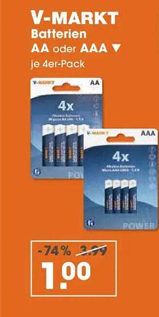 V-Markt Batterien AA oder AAA, je 4er-Pack
