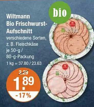 Wiltmann Bio Frischwurst-Aufschnitt verschiedene Sorten, z. B. Fleischkäse je 50-g / 80-g-Packung