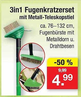 3in1 Fugenkratzerset mit Metall-Teleskopstiel