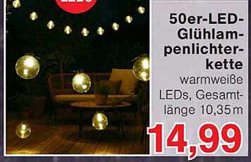 50er-LED-Glühlampenlichtkette warmweiße LEDs, Gesamtlänge 10,35 m