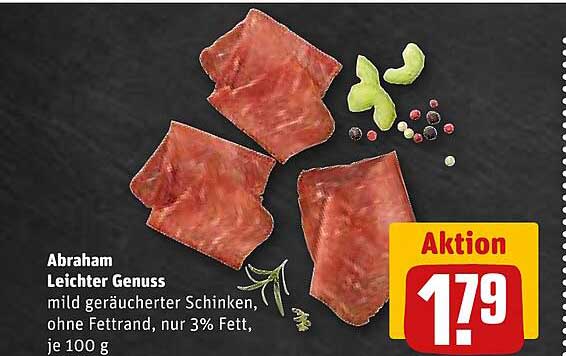Abraham Leichter Genuss mild geräucherter Schinken, ohne Fettrand, nur 3 % Fett, je 100 g