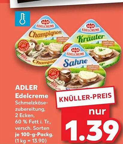 ADLER Edelcreme Schmelzkäsezubereitung, 2 Ecken, 60 % Fett i. Tr., versch. Sorten je 100-g-Packg. (1 kg = 13,90)
