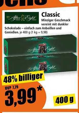 After Eight Classic Minziger Geschmack verfeint mit dunkler Schokolade – einfach zum Anbeißen und Genießen. 400 g