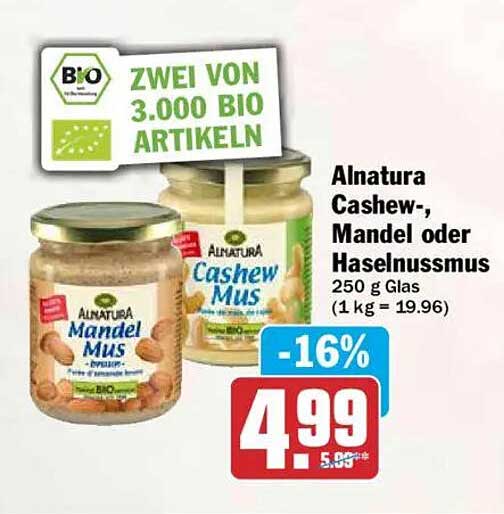 Alnatura Cashew-, Mandel oder Haselnussmus 250 g Glas (1 kg = 19.96)
