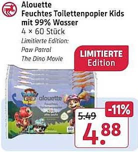 Alouette Feuchtes Toilettenpapier Kids mit 99% Wasser 4 x 60 Stück Limitierte Edition: Paw Patrol The Dino Movie
