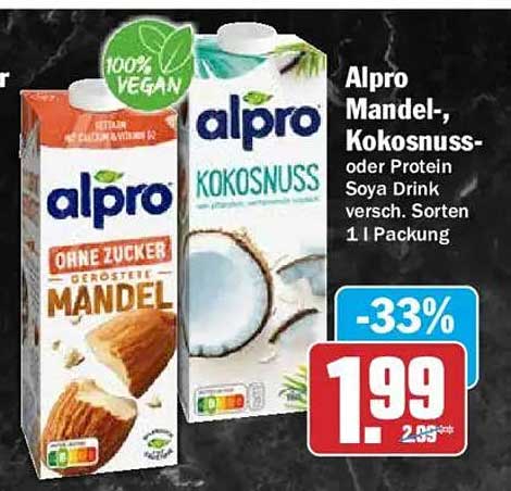 Alpro Mandel-, Kokosnuss- oder Protein Soya Drink versch. Sorten 1 l Packung