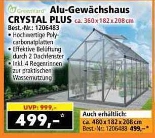 Alu-Gewächshaus CRYSTAL PLUS ca. 360 x 182 x 208 cm