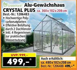 Alu-Gewächshaus CRYSTAL PLUS ca. 360×182×208 cm