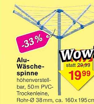 Alu-Wäsche-spinne höhenverstellbar, 50 m PVC-Trockenleine, Rohr-Ø 38 mm, ca. 160×195 cm